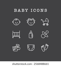 Baby icons are the most used: feeding bottle, pacifier, cradle, booties.