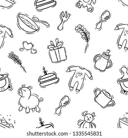 baby icons in seamless pattern with doodle art