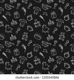 baby icons in seamless pattern with doodle art on chalkboard background