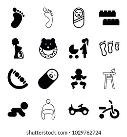 Baby icons. set of 16 editable filled and outline baby icons such as foot print, bike, child building kit, newborn child, pregnant woman, family footprint