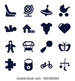 Baby icons set. Set of 16 Baby filled icons such as bed mobile, beanbag, child bicycle, puzzle, whirligig, heart, butterfly, house, playpen