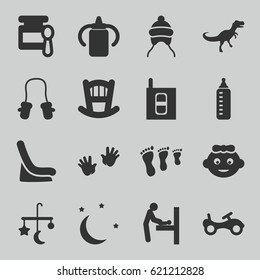Baby icons set. set of 16 baby filled icons such as bed mobile, bike, moon and stars, intercom, dinosaur