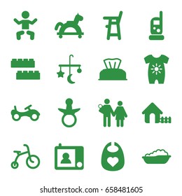 Baby icons set. set of 16 baby filled icons such as pacifier, bed mobile, child bicycle, bike, child building kit, house, intercom, couple with newborn