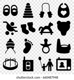 Baby icons set. set of 16 baby filled icons such as pacifier, pyramid, foot print, child playground carousel, intercom, bear, father and son