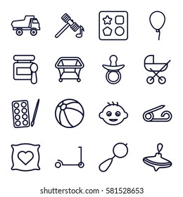 Baby icons set. Set of 16 Baby outline icons such as pacifier, pin, beanbag, kick scooter, beach ball, whirligig, baloon, toy car, from toy for beach, pillow with heart on it