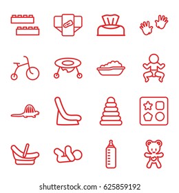 Baby icons set. set of 16 baby outline icons such as pyramid, diaper, child bicycle, child building kit, from toy for beach, bear teddy, dinosaur