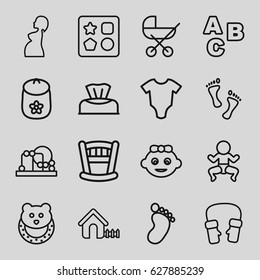 Baby icons set. set of 16 baby outline icons such as foot print, from toy for beach, house, mittens, pregnant woman, foot, ABC