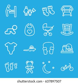 Baby icons set. set of 16 baby outline icons such as child bicycle, playpen, mittens, bear teddy, moon and stars, dinosaur, mother and son