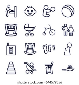 Baby icons set. set of 16 baby outline icons such as pyramid, ball, child bicycle, pregnant woman, intercom, dinosaur, couple with newborn