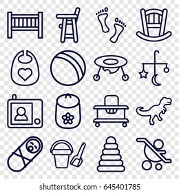 Baby icons set. set of 16 baby outline icons such as bed mobile, pyramid, ball, bucket toy for beach, intercom, foot, dinosaur