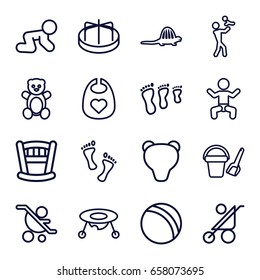 Baby icons set. set of 16 baby outline icons such as teddy bear, ball, bucket toy for beach, child playground carousel, foot, dinosaur, bear