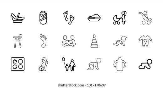 Baby icons. set of 18 editable outline baby icons: from toy for beach, father and son, foot, pyramid, foot print