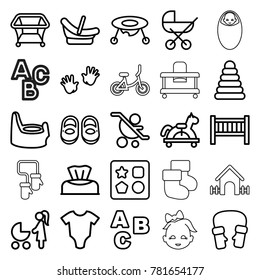 Baby icons. set of 25 editable outline baby icons such as pyramid, from toy for beach, playpen, mittens, abc, toy horse, child bicycle