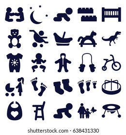 Baby icons set. set of 25 baby filled icons such as teddy bear, child bicycle, child building kit, moon and stars, foot, dinosaur, mother and son, toy horse