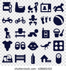 Baby icons set. set of 25 baby filled icons such as ball, bike, child bicycle, bucket toy for beach, from toy for beach, house, pregnant woman, intercom, dinosaur