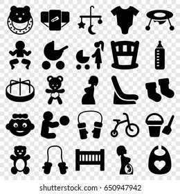 Baby icons set. set of 25 baby filled icons such as bed mobile, teddy bear, diaper, child bicycle, bucket toy for beach, child playground carousel, mittens, bear teddy