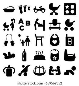 Baby icons set. set of 25 baby filled icons such as bike, from toy for beach, child playground carousel, intercom, abc, father and son