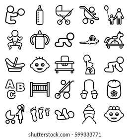 baby icons set. Set of 25 baby outline icons such as pregnant woman, dinosaur, ABC, father and son, newborn child, toy horse