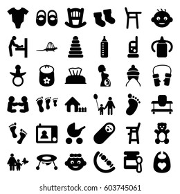 Baby icons set. set of 36 baby filled icons such as pacifier, teddy bear, pyramid, foot print, house, mittens, pregnant woman, intercom, foot, dinosaur, father and son