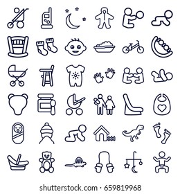 Baby icons set. set of 36 baby outline icons such as bed mobile, teddy bear, child bicycle, house, moon and stars, foot, dinosaur, bear