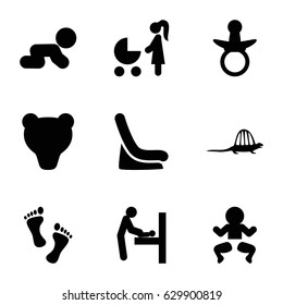 Baby icons set. set of 9 baby filled icons such as pacifier, foot, dinosaur, bear