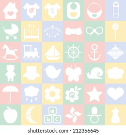 Baby icons set. For cards, invitations, wedding or baby shower albums, backgrounds, arts and scrapbooks. Vector illustration 