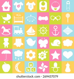 Baby icons set. For cards, invitations, wedding or baby shower albums, backgrounds, arts and scrapbooks. Vector illustration 