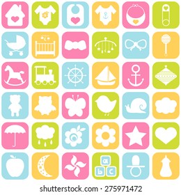 Baby icons set. For cards, invitations, wedding or baby shower albums, backgrounds, arts and scrapbooks. Vector illustration