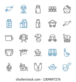 baby icons set. Collection of baby with boy, chick, bib, father and son, toy, duck, wagon, elephant, sloth, diaper, carriage, cupid, potty, milk. Editable and scalable baby icons.