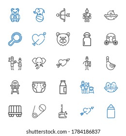 baby icons set. Collection of baby with feeder, cupid, wiping, safety pin, wagon, nest, father and son, milk, diaper, baby chair, duck, bast. Editable and scalable icons.