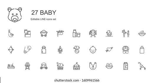 baby icons set. Collection of baby with nest, bib, kindergarten, elephant, carriage, baby chair, sandbox, cupid, toy, milk, safety pin, stroller. Editable and scalable icons.