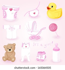 Baby icons set. Collection of baby shower elements. Girl design