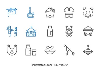 baby icons set. Collection of baby with whirligig, stroller, nest, milk, bib, wagon, teddy bear, kindergarten, father, bear, kid, wiping, sloth. Editable and scalable baby icons.