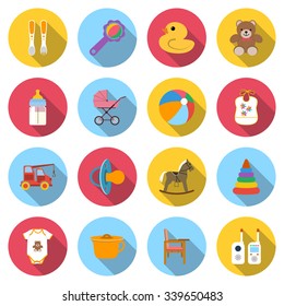 Baby icons. Set colored icons of toys and child care articles. Icons vector illustration in flat design with long shadow.
