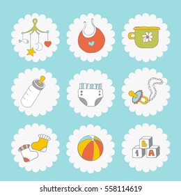 Baby Icons Set. Cute Baby Things On A Blue Background.