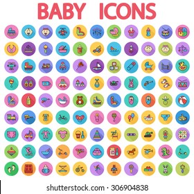 Baby icons set. Flat vector related icons set with long shadow for web and mobile applications. It can be used as - logo, pictogram, icon, infographic element. Vector Illustration. 