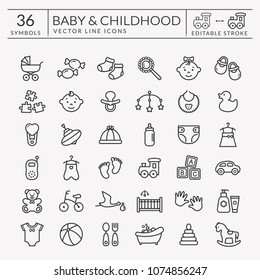 Baby icons set. Outline symbols isolated on white background. Children's toys, food, clothes. Newborn, kid, feeding and care themes. Vector collection. Editable stroke - easy to adjust lines weight.