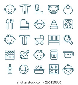 Baby icons set in thin line style. Dark blue lines on white background