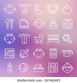 Baby icons set in thin line style. White lines on blurred background