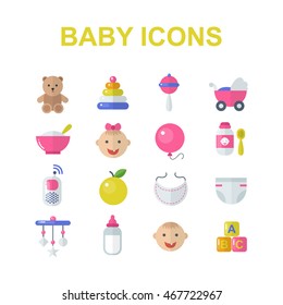 baby icons set. baby toys, feeding and care. vector illustration