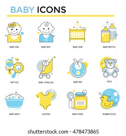 Iconos para bebés, diseño plano de línea delgada