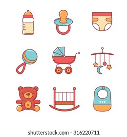 Baby icons thin line set. Flat style color vector symbols isolated on white.