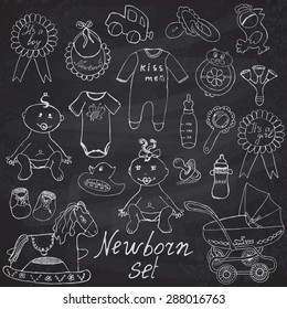 Baby icons, toys, clothes and cradle, hand drawn sketch vector illustration on chalkboard.