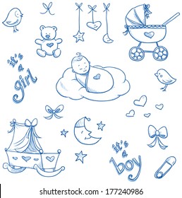 Baby icons, toys, teddy, pram, duckling, cradle, hand drawn sketch vector illustration