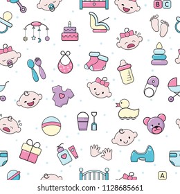 Baby icons vector kids toy for infant boys or girls in babyroom and childs bottle illustration set of children signs bed for newborn seamless pattern background