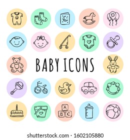 Baby icons vector set. Hand drawn collection for kids and little children. Symbols for newborn