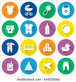 Baby icons. Vector. Baby shower simple elements isolated. Collection signs for newborn kids in flat design with long shadow in circles. Colorful symbols.