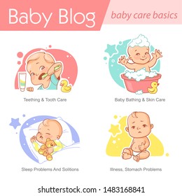 Baby illustration. Child care and development. Baby brush teeth, sleep, bath,ill. First year of child. Healthy boy or girl in diaper.Blog, media, publish design template.Vector illustration.