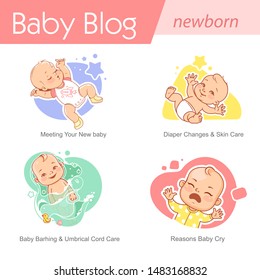 Baby illustration. Newborn care and development. Baby growing, sleeping, bath,cry. First year of child. Healthy boy or girl in diaper.Blog, media, publish design template.Vector illustration.