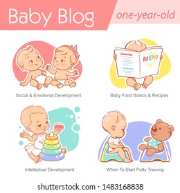 Baby illustration.  One year old care and development. Baby grow, play, sit on potty. First year of child. Healthy boy or girl in diaper.Blog, media, publish design template.Vector illustration.